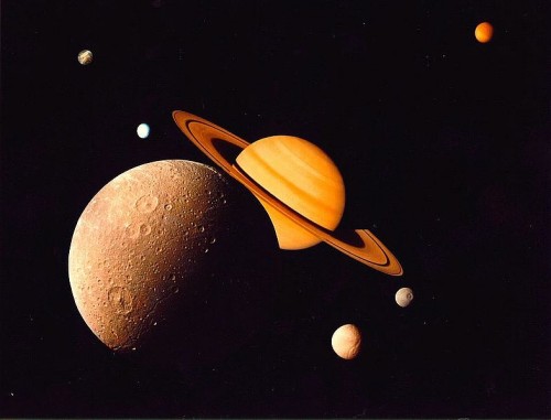Montage of Saturn and several of its satellites, Dione, Tethys, Mimas, Enceladus, Rhea, and Titan